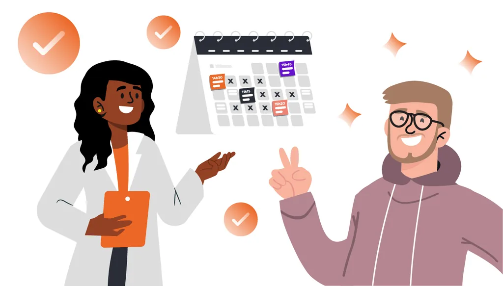 Ilustração de profissional de estética apresentando um calendário de sessões para paciente, representando organização e recorrência em tratamentos estéticos com apoio de software de gestão.