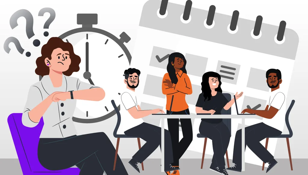 Ilustração de uma gestora preocupada com o tempo de implementação do sistema, enquanto observa o relógio e a equipe organiza tarefas.