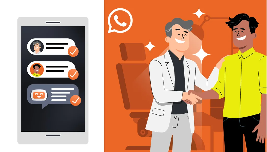 Imagem ilustrativa de um paciente e um dentista apertando as mãos sorridentes. Ao lado, vemos um celular com uma conversa de um paciente e um Agente de IA, simbolizando a automação do WhatsApp na odontologia para melhorar a conversão de tratamentos odontológicos.