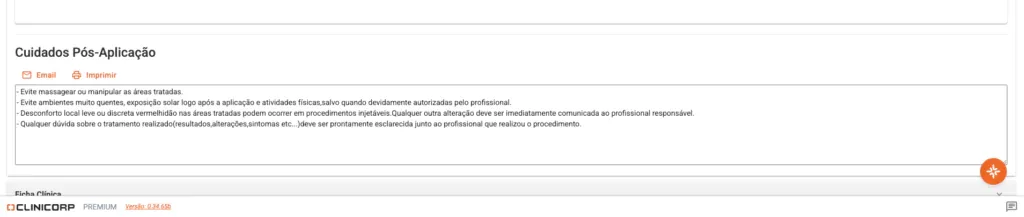 Imagem da ficha TBA Estética do Clinicorp, localizada no Prontuário Eletrônico do paciente. Aqui, demonstramos a aba de Cuidados Pós-Aplicação.