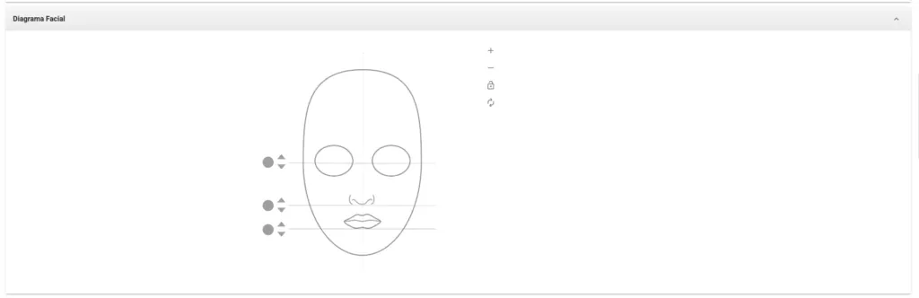 Imagem da ficha TBA Estética do Clinicorp, localizada no Prontuário Eletrônico do paciente. Aqui, demonstramos a aba de Diagrama Facial.