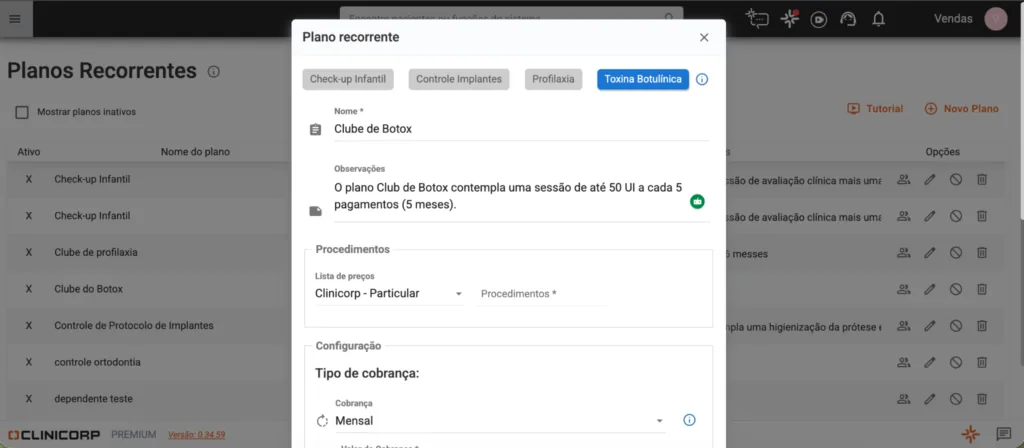 Tela de planos recorrentes no Clinicorp com a criação de um plano de assinatura