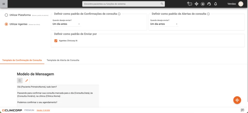 Configuração do padrão de confirmação e alerta de consulta com os Agentes Clinicorp IA