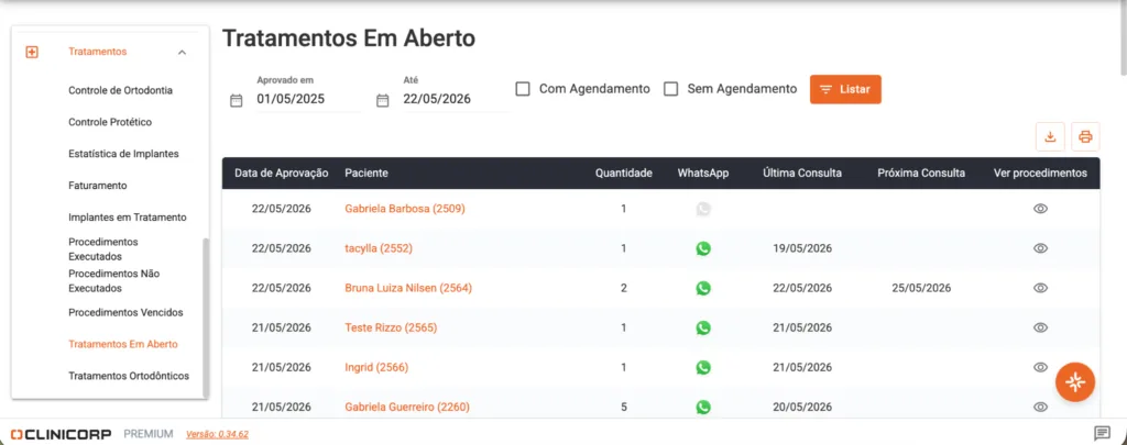 Relatório de tratamentos em aberto no Clinicorp, com paciente, data de aprovação e última consulta