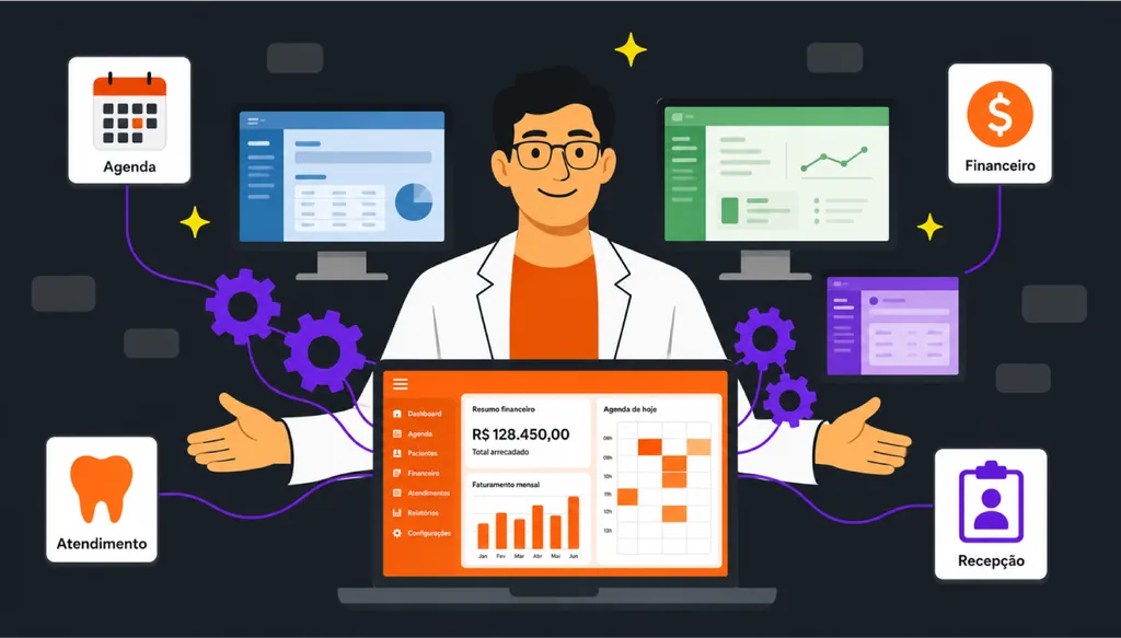 Imagem ilustrativa de um dentista confiante ao centro, rodeado por fluxos digitais que conectam recepção, agenda, financeiro e atendimento em um sistema integrado, com telas de softwares ao fundo em azul, verde e roxo, e um notebook laranja à frente representando o Clinicorp como centro do sistema para organizar a clínica odontológica.