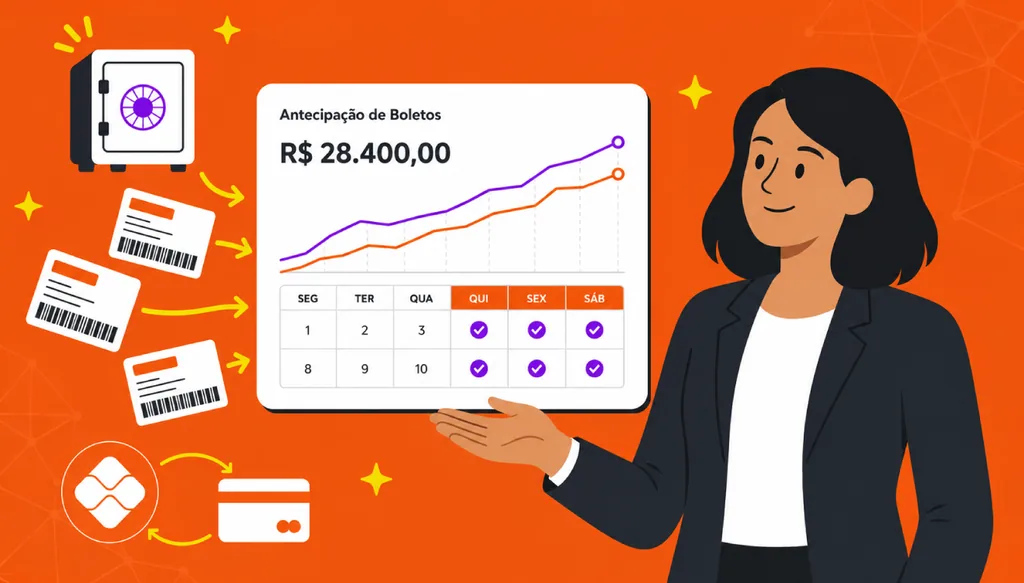 Ilustração mostrando uma gestora apresentando um painel de antecipação de recebíveis com crescimento de faturamento e calendário de recebimentos, ao lado de ícones de boletos e cartão de crédito.