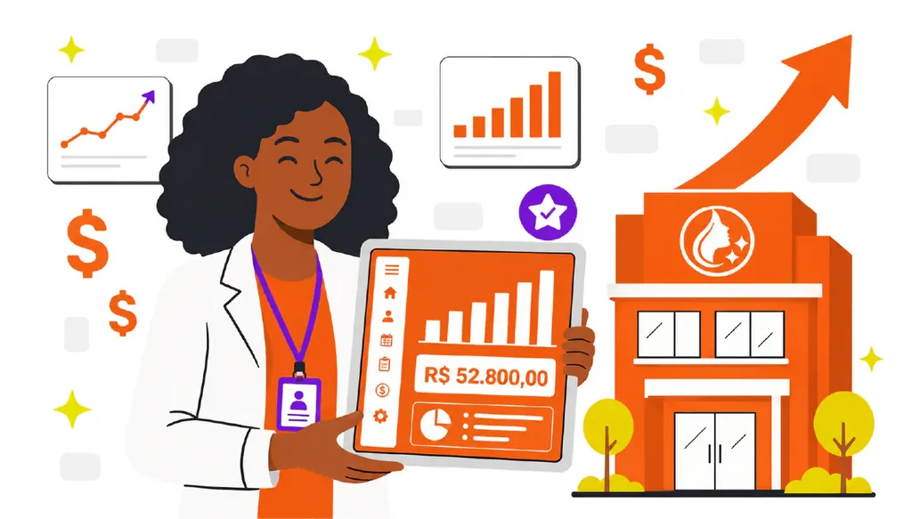 Ilustração de gestora de clínica de estética segurando tablet com dashboard do sistema de gestão Clinicorp exibindo faturamento, ao lado de uma clínica de estética e gráficos de crescimento financeiro.