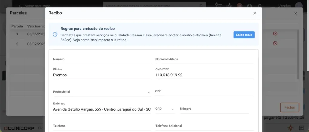 Modal de emissão de recibo no Clinicorp, com o aviso sobre o recibo eletrônico da Receita Saúde