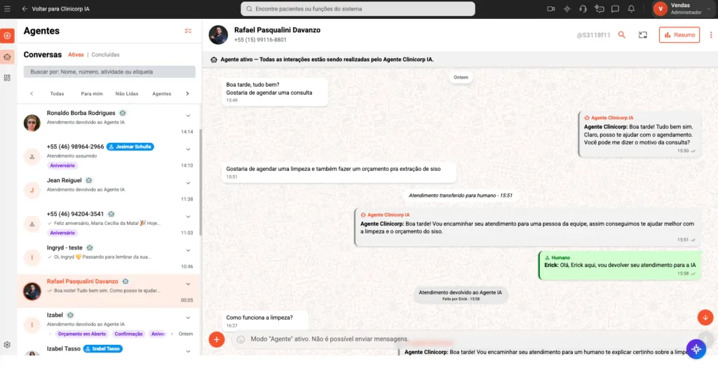Tela dos Agentes Clinicorp IA do software odontológico Clinicorp.