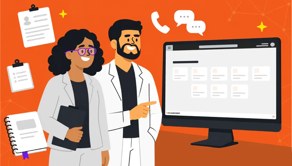 Ilustração de dois dentistas apontando para a tela do sistema Clinicorp, com ícones de prontuários e comunicação ao fundo, ilustrando a digitalização da clínica odontológica.