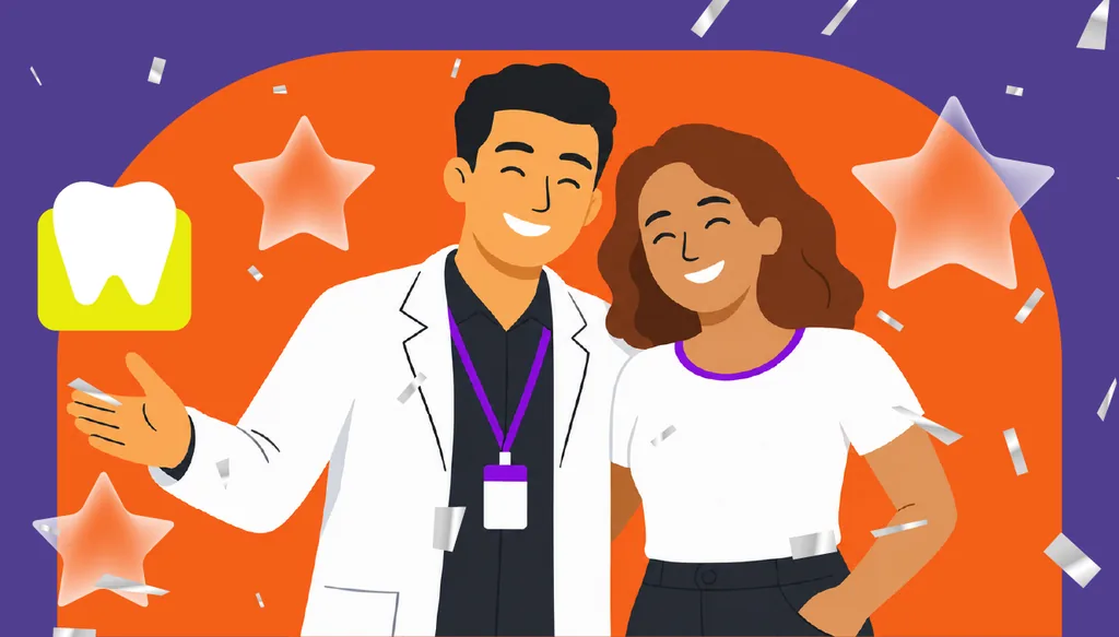 Ilustração de um dentista de jaleco branco ao lado de uma paciente sorrindo, com estrelas e confetes ao fundo, representando a celebração do Dia do Amigo na odontologia.