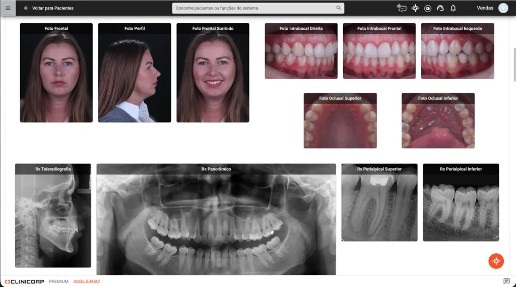 Ficha Ortodôntica Digital com fotografias faciais, imagens intraorais e exames radiográficos utilizados para diagnóstico, planejamento e acompanhamento da ortodontia.
