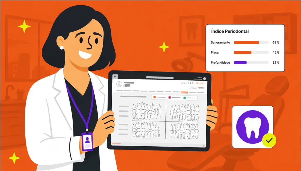 Imagem ilustrativa de uma dentista segurando um tablet com a ficha de periodontia digital e índices periodontais de sangramento, placa e profundidade de sondagem.