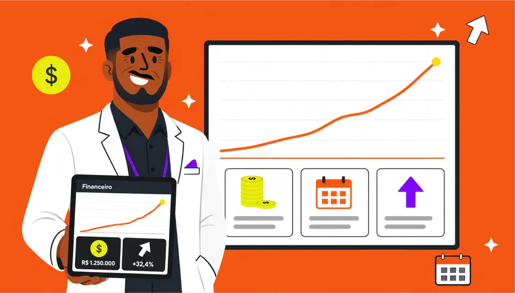 Ilustração de um dentista segurando tablet com dashboard de gestão financeira em clínica odontológica, exibindo faturamento de R$ 1.250.000 e crescimento de 32,4%, ao lado de gráfico de crescimento financeiro.