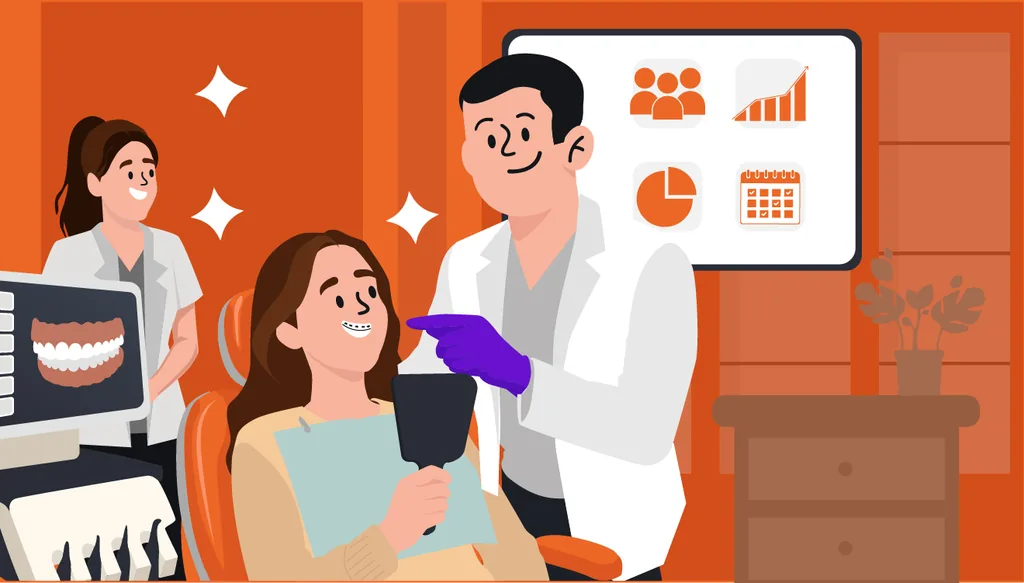Ilustração de um atendimento de ortodontia em consultório odontológico, com ortodontista avaliando uma paciente que utiliza aparelho dentário, enquanto imagens da arcada dentária e indicadores de acompanhamento do tratamento são exibidos em telas ao fundo.