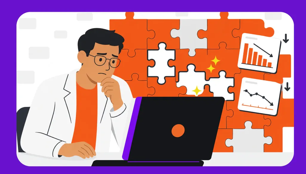 Imagem ilustrativa de gestor em consultório odontológico analisando tela do computador, representando a gestão da clínica odontológica. Atrás dele, vemos peças de um quebra-cabeça sendo encaixadas, fazendo alusão ao gestor que tenta entender quais gargalos impedem o crescimento de sua clínica odontológica.