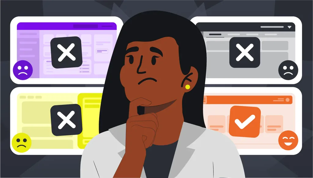 Imagem ilustrativa sobre como escolher software odontológico: dentista de jaleco branco analisa pensativa quatro opções de sistemas em telas ao fundo, três delas marcadas com X e rostos insatisfeitos, e uma marcada com símbolo de aprovação e rosto feliz em laranja.