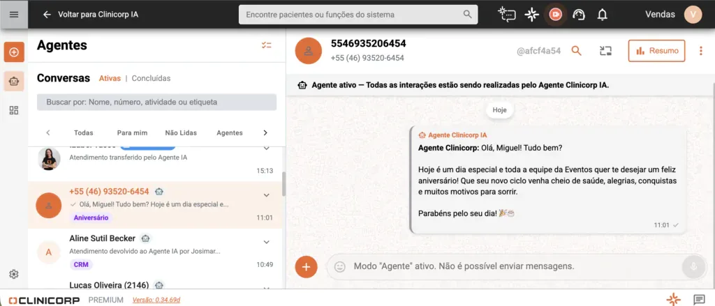 Imagem da tela dos Agentes Clinicorp IA dentro do sistema do Clinicorp, automatizando a gestão da clínica odontológica com processos otimizados.