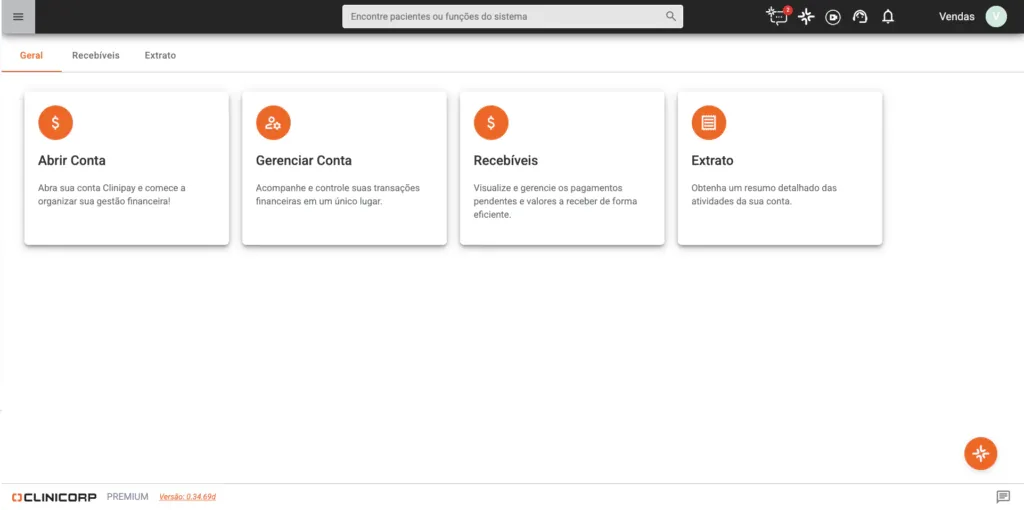 Tela da Clinipay no Clinicorp com as opções de abrir conta, gerenciar conta, recebíveis e extrato
