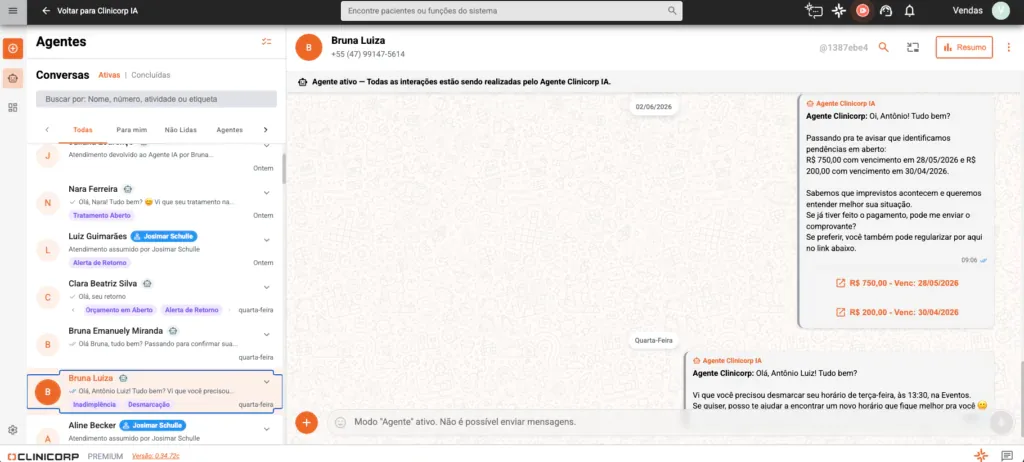 Tela de Agentes Clinicorp IA do software odontológico Clinicorp.