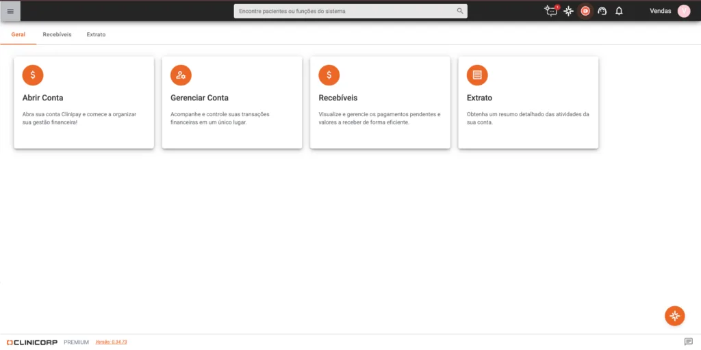 Print da Plataforma Financeira Clinipay dentro do sistema Clinicorp.