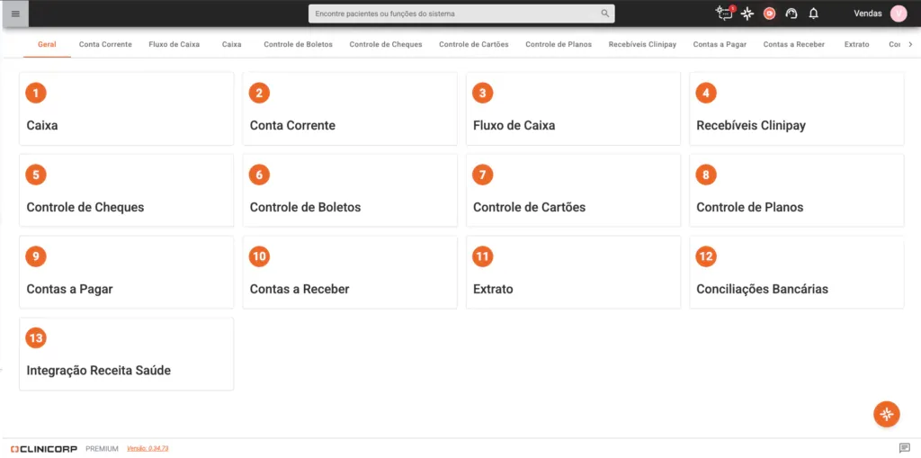Print da tela do módulo financeiro dentro do sistema Clinicorp.