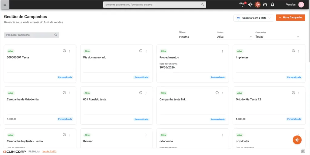 Print da tela do módulo CRM dentro do sistema Clinicorp.