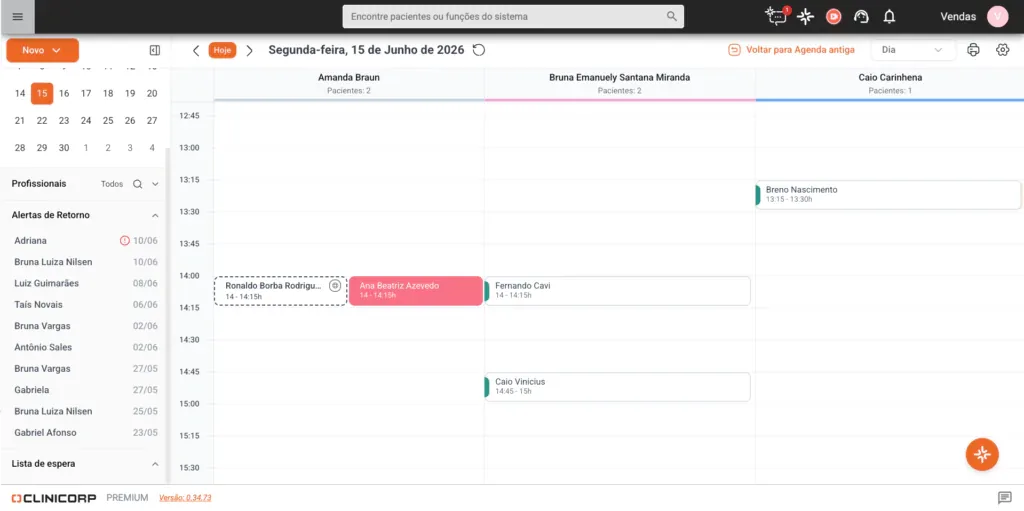 Print da tela da agenda dentro do sistema Clinicorp.