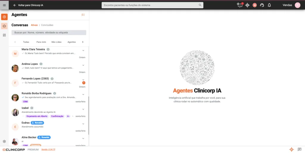 Print dos Agentes Clinicorp IA dentro dos sistema Clinicorp.