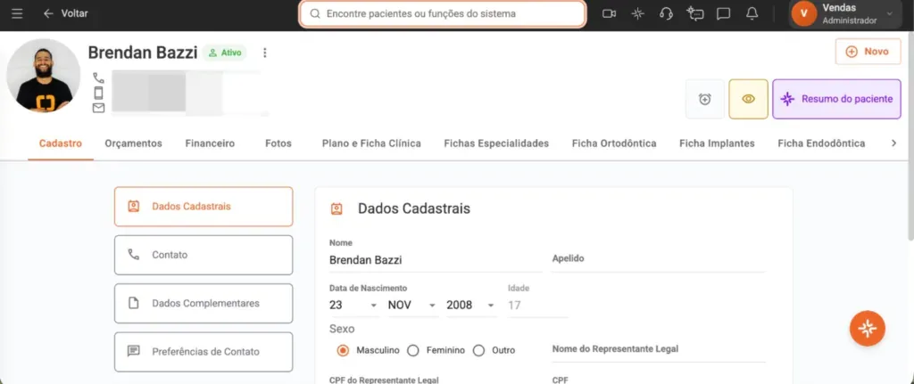 Imagem do prontuário eletrônico do paciente do sistema Clinicorp.