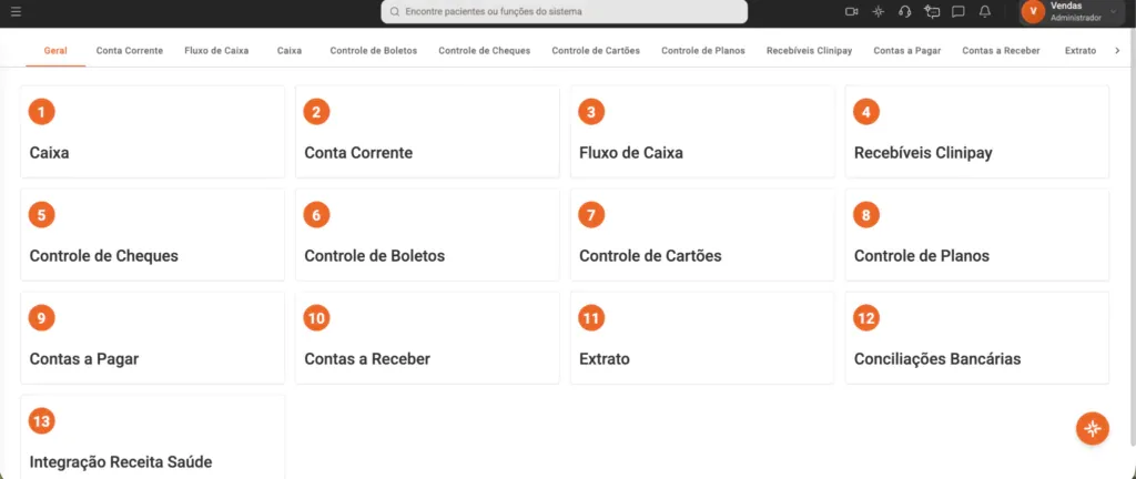 Imagem da aba do financeiro do sistema Clinicorp.