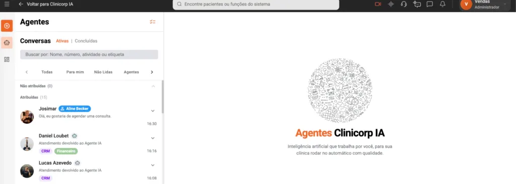Captura de tela dos Agentes Clinicorp IA do Clinicorp.