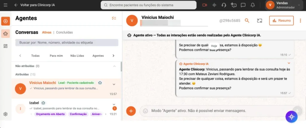 Imagem do sistema do Clinicorp, mostrando um Agente Clinicorp IA confirmando uma consulta.