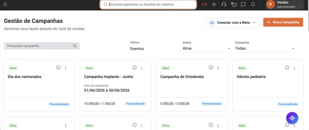 Imagem do sistema em que vemos a aba de CRM, lugar em que vemos as campanhas feitas pelo dentista dentro da clínica, que podem ser centralizadas em um único sistema.