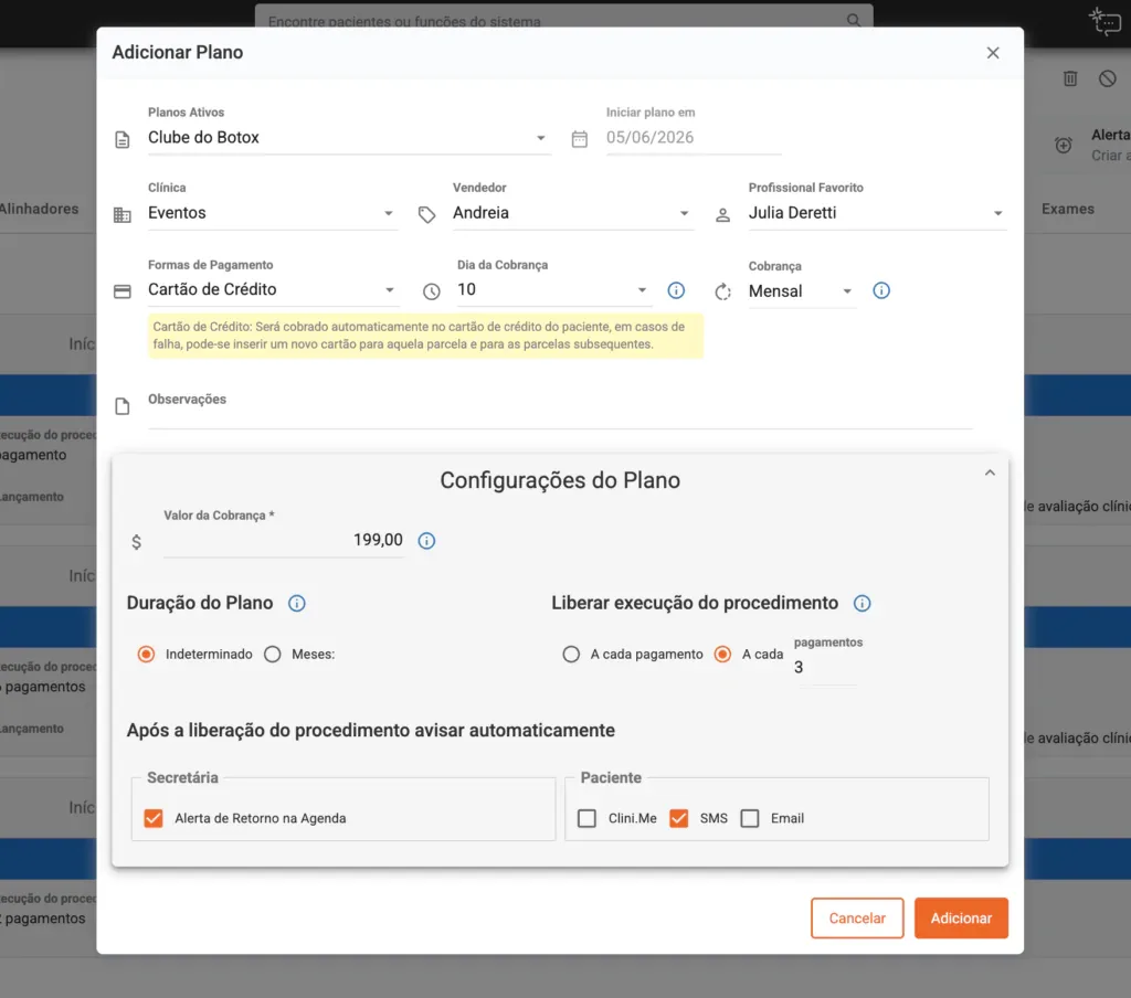 Sistema de gestão estética: tela para adicionar plano de recorrência de tratamentos dentro do sistema Clinicorp.