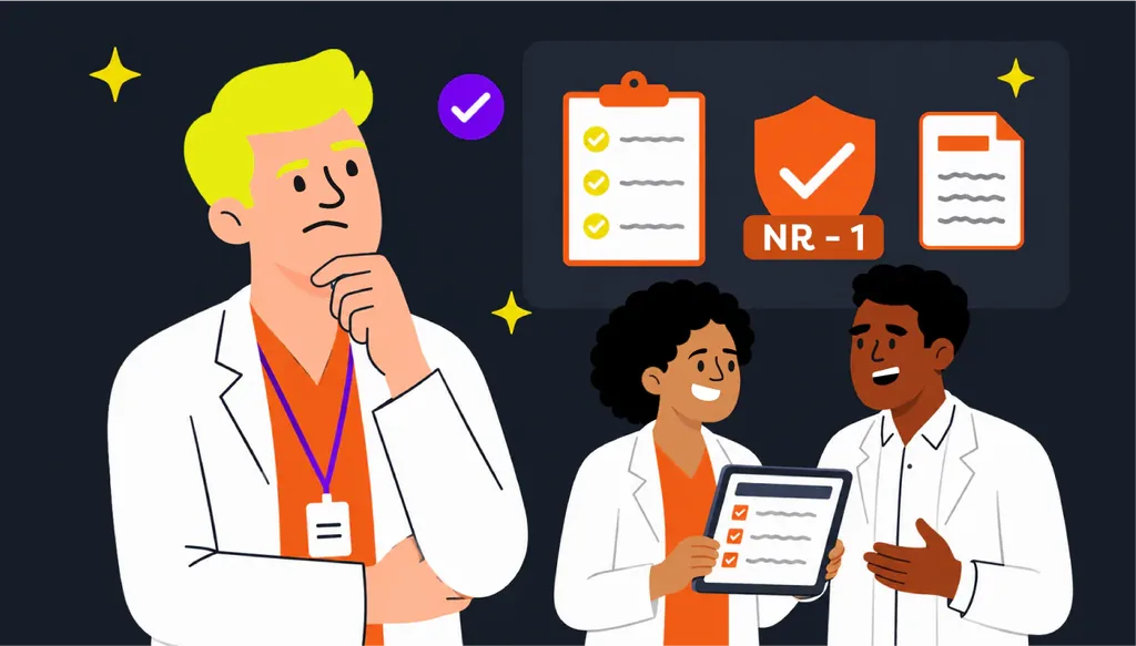 Imagem ilustrativa de dentistas analisando checklist de adequação à NR-1 e riscos psicossociais em clínica odontológica.