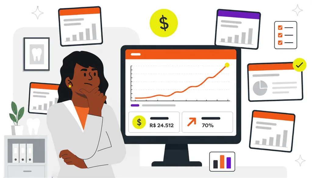 Dentista analisando dashboard de controle financeiro em software odontológico com gráficos de faturamento e relatórios da clínica.