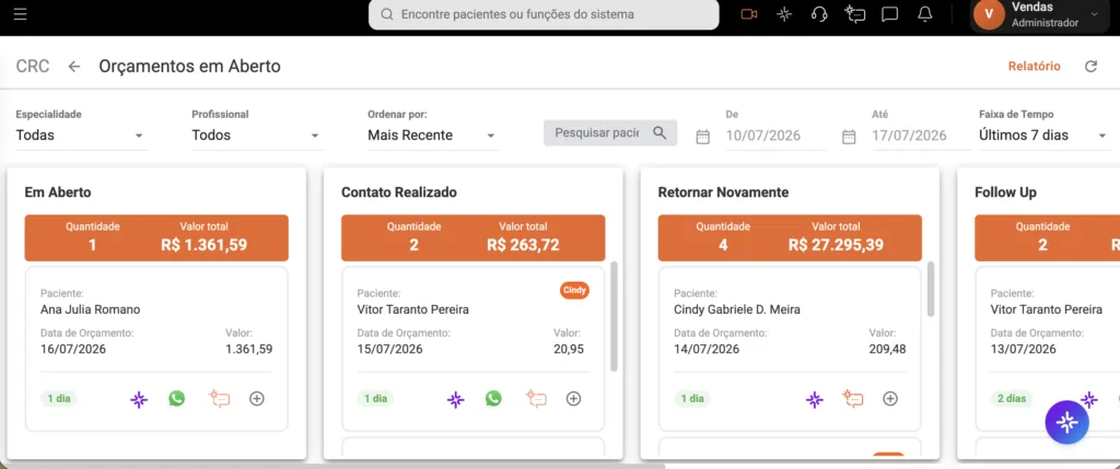 Captura de tela do CRC do software odontológico Clinicorp.