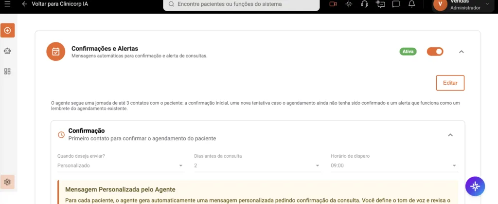 Alt-Text: captura de tela das configurações das Confirmações de Consulta do software odontológico Clinicorp, na aba dos Agentes Clinicorp IA.