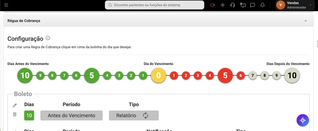 Captura de tela da Régua de Cobrança do software odontológico Clinicorp.