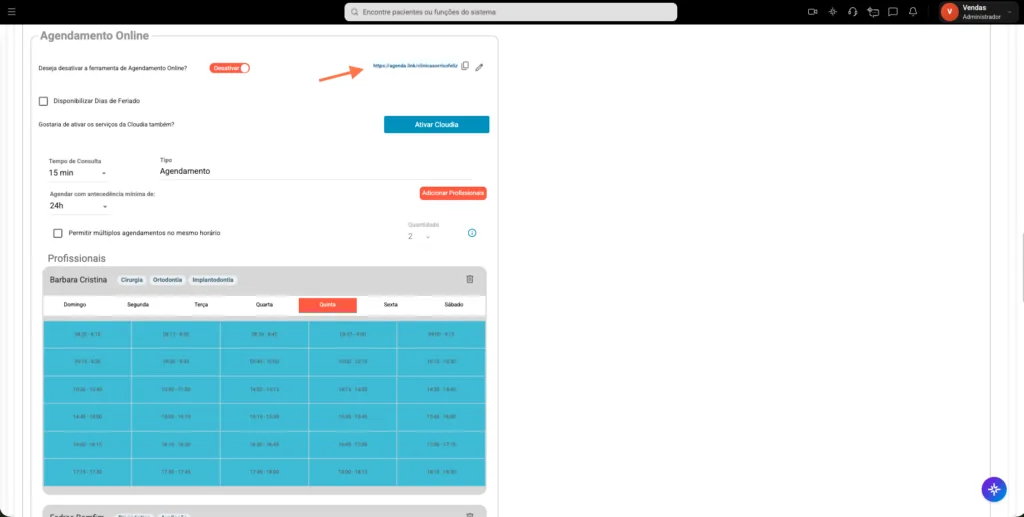 Tela de Configuração de Agendamento Online para pacientes no Clinicorp com link de envio ao paciente do software odontológico Clinicorp.