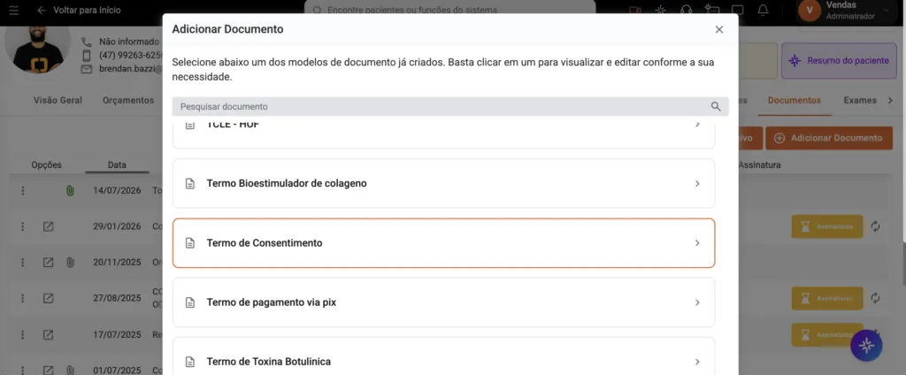 Captura de tela da aba de Documentos dentro do Prontuário do Paciente, exibindo alguns modelos prontos de termos de consentimento de tratamentos, no software para clínicas de estética Clinicorp.