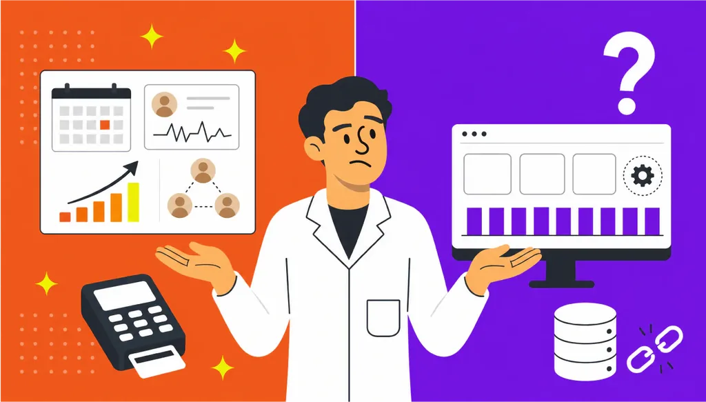 Imagem ilustrativa de comparação entre os softwares odontológicos Clinicorp ou Capim, mostrando um dentista em dúvida entre um painel com agenda, indicadores de crescimento, equipe e maquininha de cartão, e um computador com dashboard, ponto de interrogação e ícone de banco de dados desconectado.