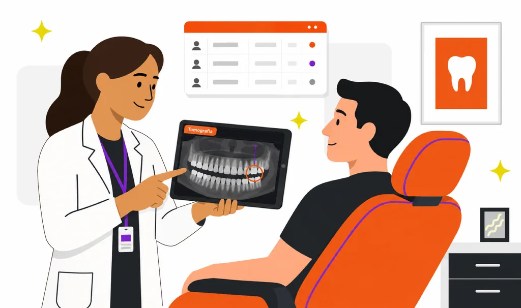 Imagem ilustrativa de um dentista mostrando a tomografia dental em tablet para paciente durante consulta, com prontuário eletrônico exibido ao fundo.