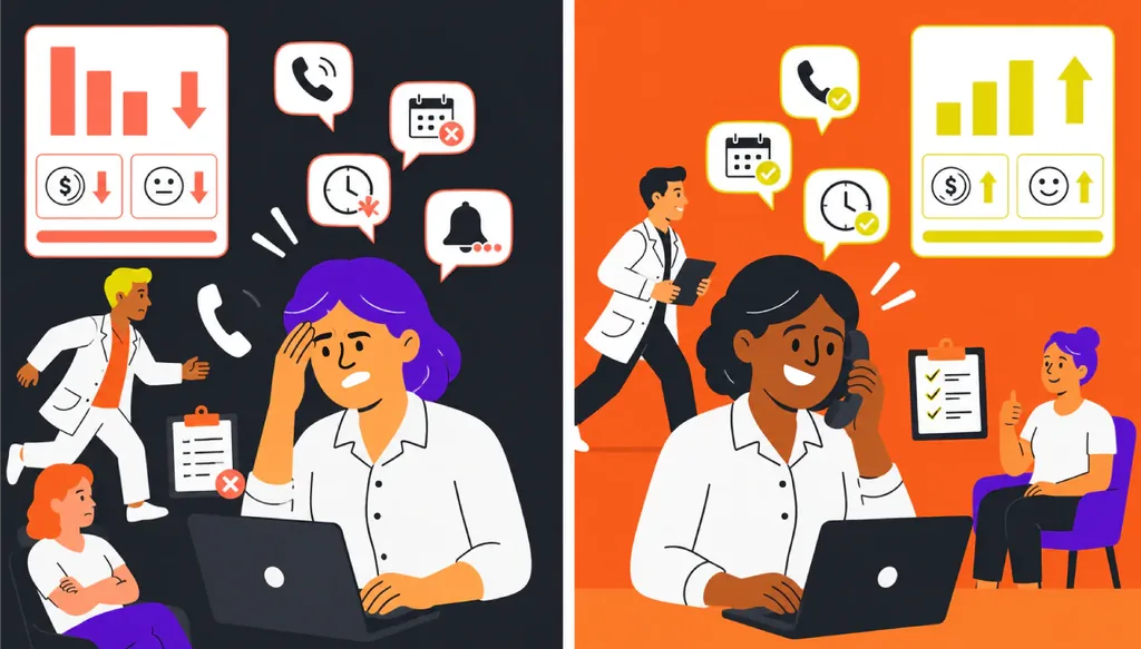 Imagem ilustrativa de duas clínicas, lado a lado. Do lado esquerdo, vemos uma clínica desorganizada, em que a gestora olha para o computador com expressão de preocupação e seus colaboradores correm para resolver tudo. Do lado direito, vemos uma gestora olhando para o computador e falando ao telefone com expressão despreocupada, sorrindo e falando com o paciente. Ao fundo, vemos um dentista indo atender um paciente satisfeito, com ícones de agenda, prancheta, telefone, horários e lucratividade e satisfação crescendo.