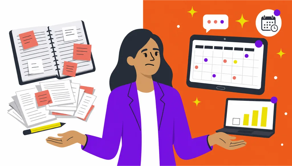 Ilustração comparando gestão de agenda: à esquerda, dentista cercada de agenda de papel, post-its e papéis soltos; à direita, tablet e notebook exibindo uma agenda inteligente organizada, com confirmações e indicadores de crescimento.