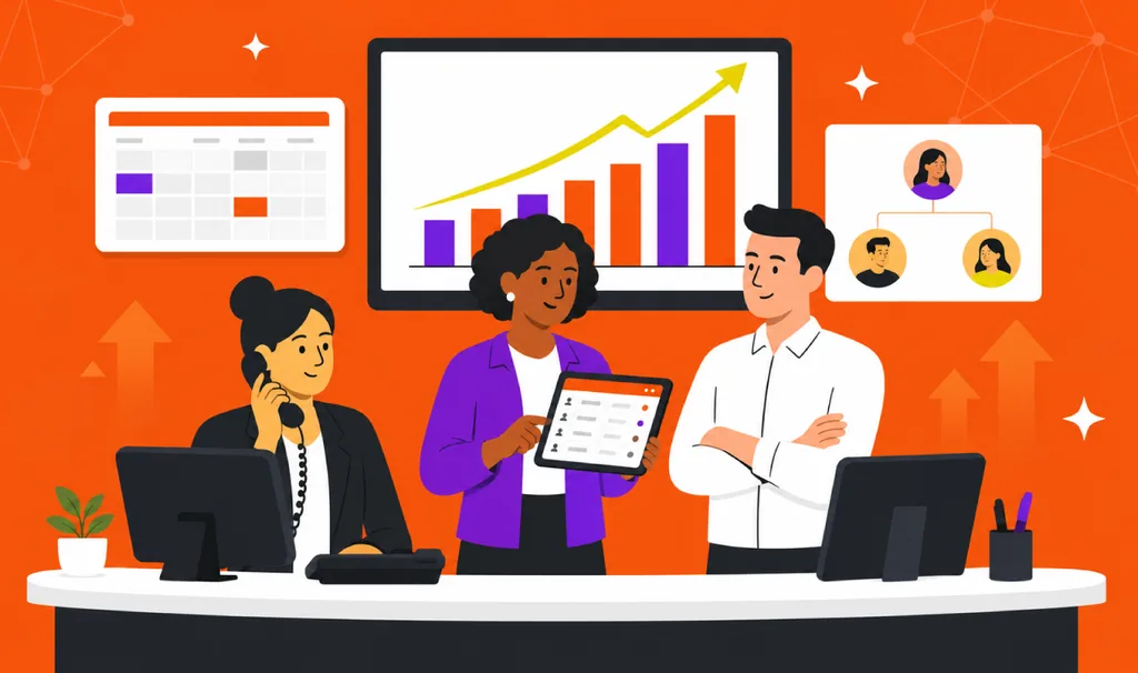 Equipe odontológica de recepção usando tablet e painel de agenda, com gráfico de crescimento da clínica ao fundo.