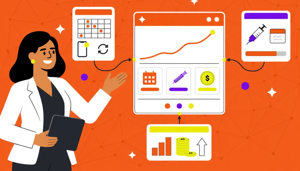 Imagem ilustrativa de gestão clínica de estética, mostrando uma profissional de estética apresentando um painel digital com agenda de procedimentos, gráfico de crescimento de faturamento e indicadores financeiros integrados em um único sistema.