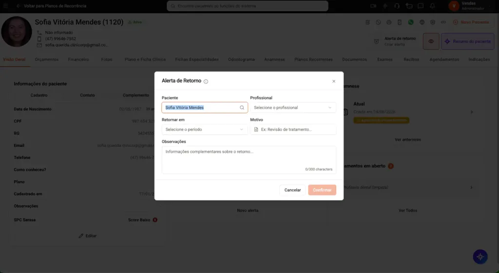 Tela de Alertas de Retorno do software para clínicas de estética avançada Clinicorp.