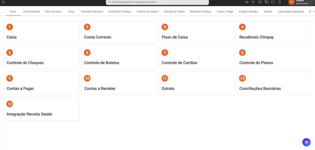 Captura de tela do módulo Financeiro do software odontológico Clinicorp. Nele, vemos algumas abas: caixa, conta corrente, fluxo de caixa, recebíveis, controle de cheques, boletos e cartões, e muito mais!